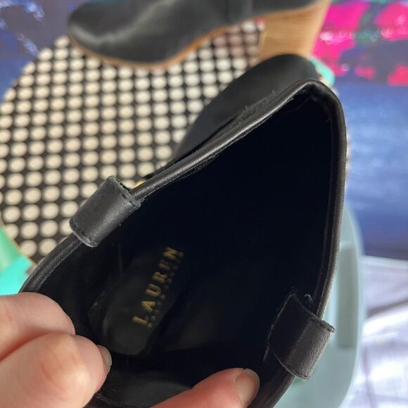Lauren Ralph Lauren Dylan Black Leather Boots Chunky Block Stacked Heel 9 Medium - Picture 7 of 8